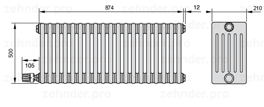 Схема (чертеж) Радиатор Zehnder Charleston 6050/19 №V003 Белый глянцевый RAL 9016